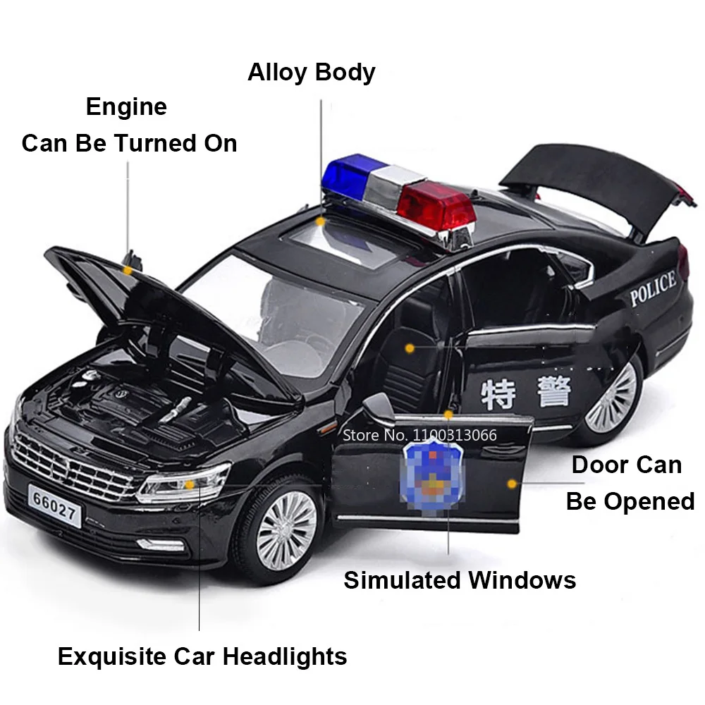 1/32 Scale Passat Police Car Toys Alloy Simulation Vehicle Model with Light and Sound Die Casts Car Toy for Child Birthday Gifts