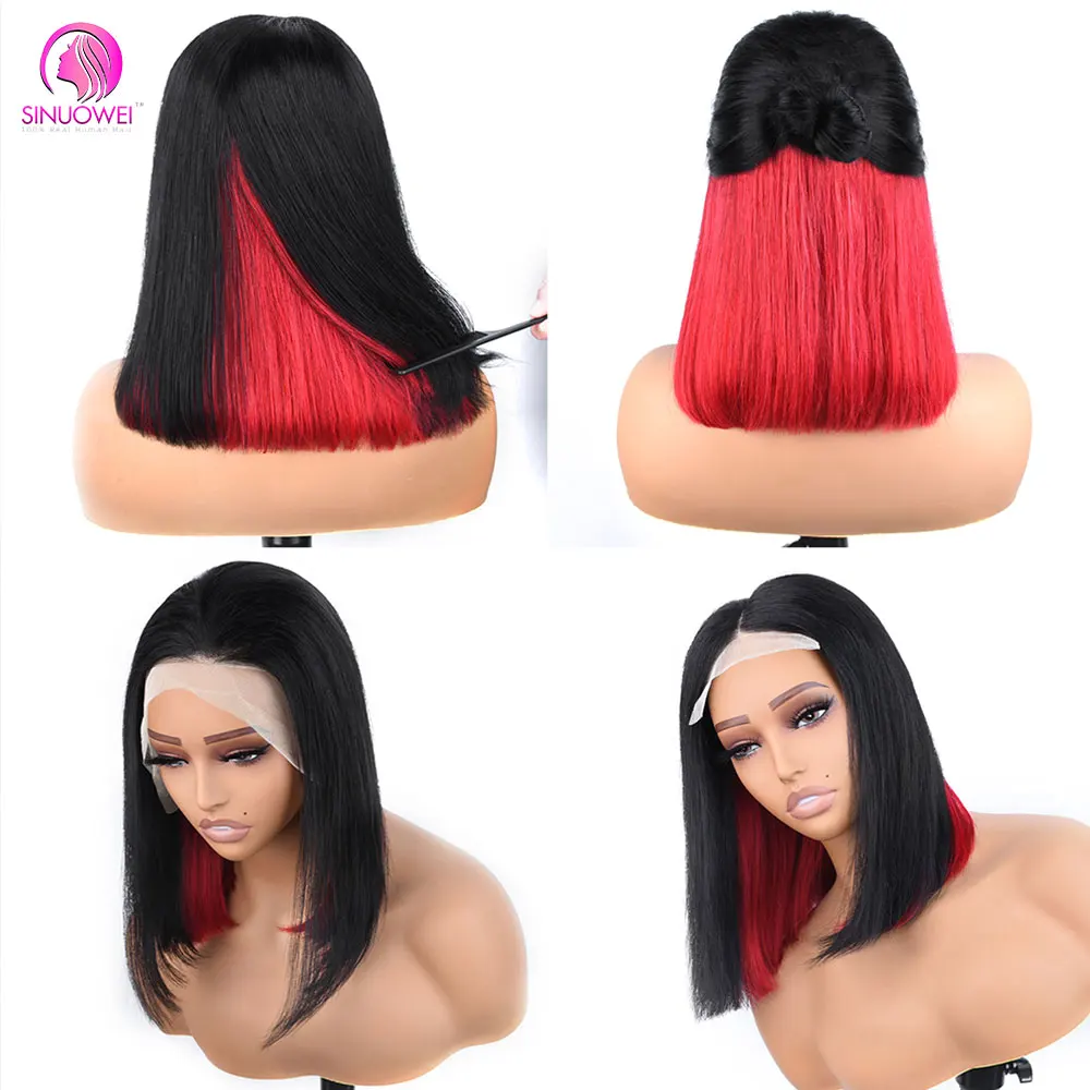 Red Black Highlight Transparent 4x4 Lace Human Hair Bob Wig For Women Short Straight Wigs Black With Red Wig Ombre Colored Hair