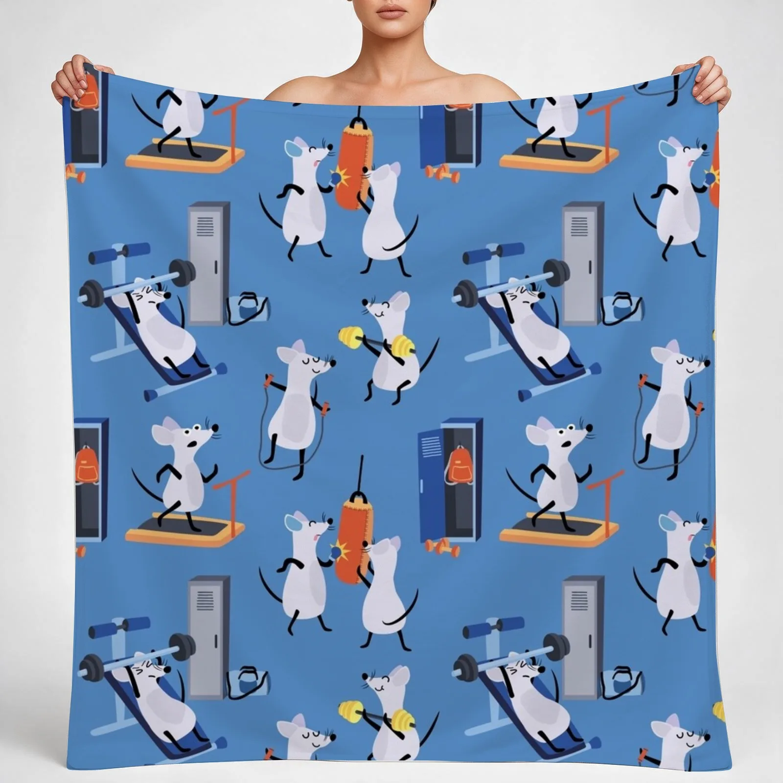 Funny Workout Gym Rats Kids Pattern Blue Throw Blanket couch cozy soft plush fuzzy picnic outdoor blanket