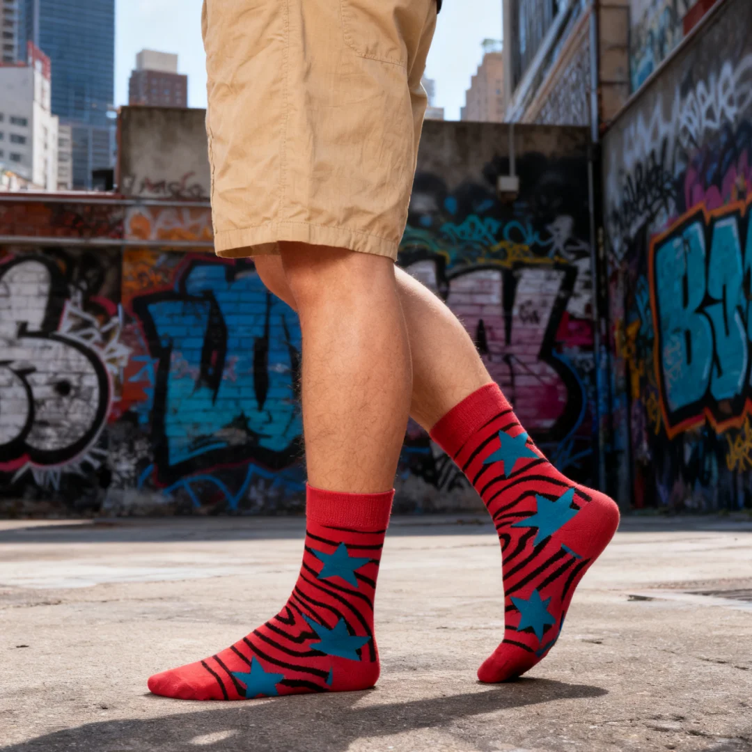 

1 Pair Of Trendy Men's Mid-calf Socks With Star Patterns And Irregular Lines, Suitable For All Seasons.