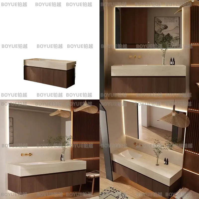 Travertine Ceramic Integrated Basin Bathroom Vanity Cabinet Retro Style Washstand Sink Combo Modern Stone Look Washbasin Unit