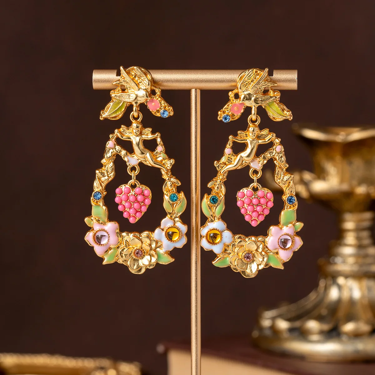 Medieval Vintage Enamel Flower Wreath Ring Birds Earrings, Elegant High-end Medieval Pink Ball Paved Heart Earrings for Women