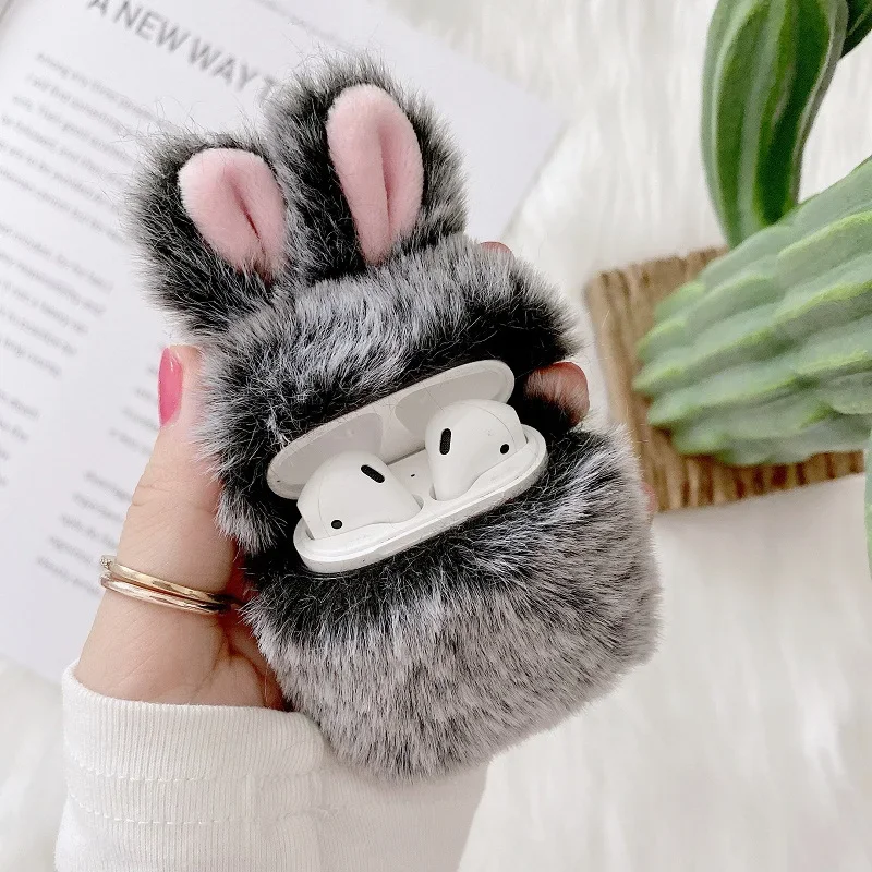 Cute Soft Rabbit Ear Fur Case for Apple AirPods 1 2 3 Wireless Charging Box Fluffy Plush Protective Cover for Airpods Case Capa