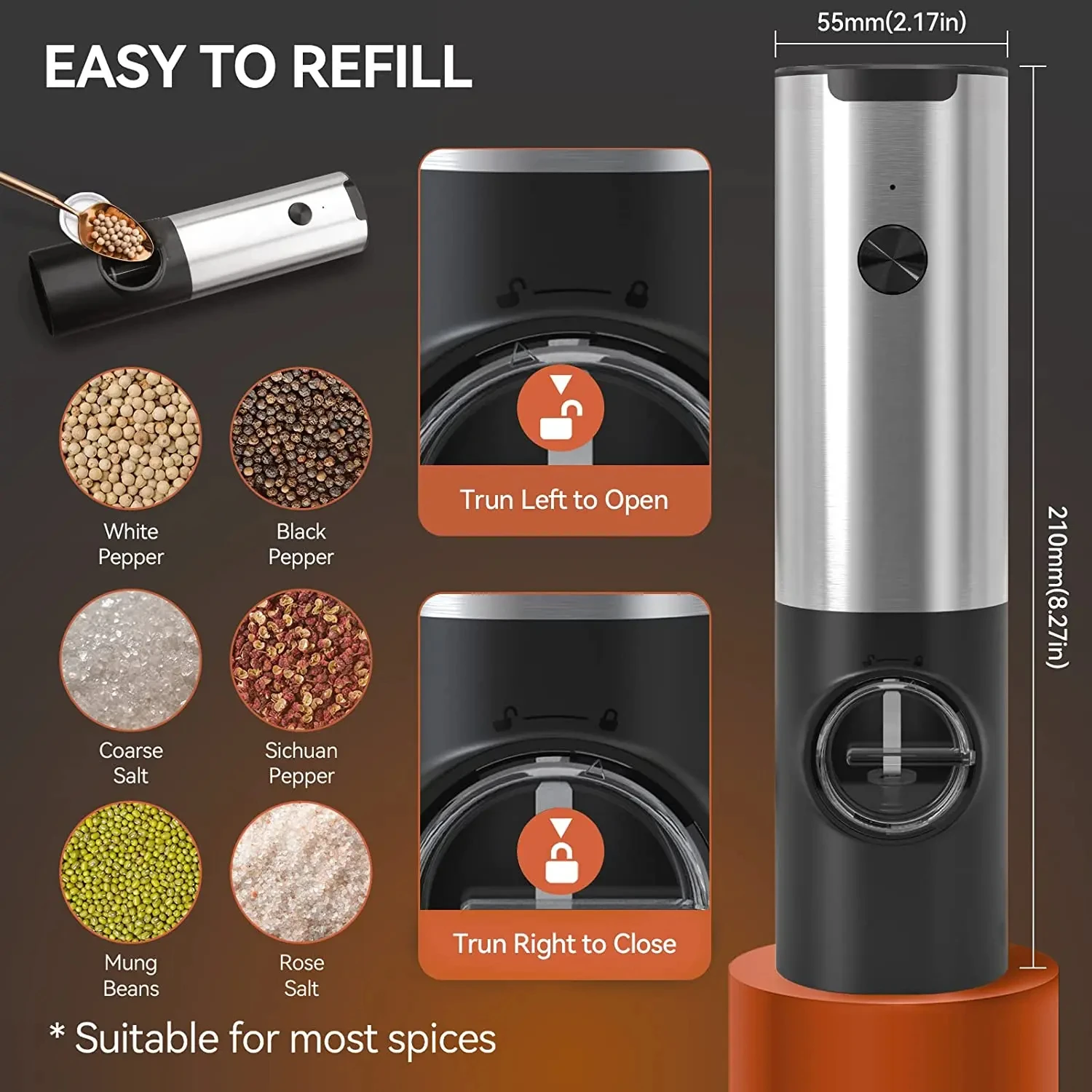 

1pc USB Electric Pepper Grinder Adjustable Rechargeable Non-rough Spice Grinder Convenient Automatic Grinder Kitchen Tools