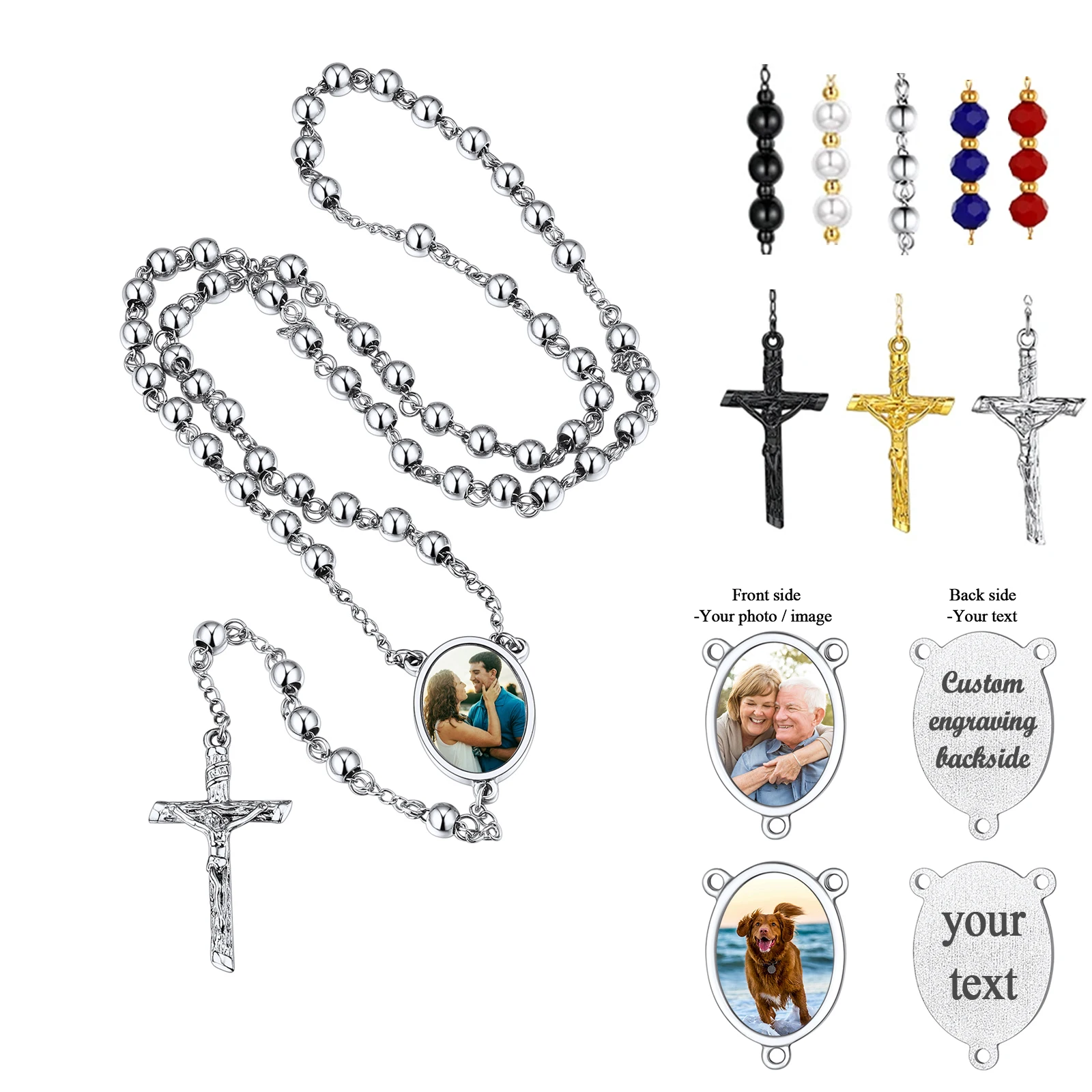 

U7 Custom Photo Rosary Necklaces Metal Wood Glass Pearl Metal Beads Chain Cross Religious Catholic Personalized Jewelry Gift