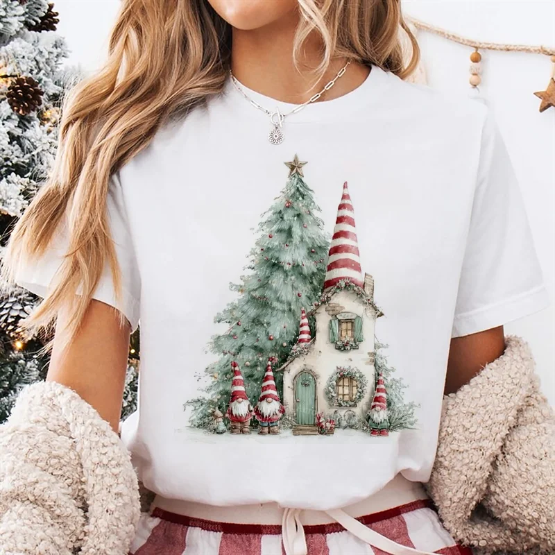 

Printed Gnome House Pattern T-Shirt Women's Basic Short Sleeve Cute Clothes O-Neck Top Christmas Tree New Year Style T-Shirt