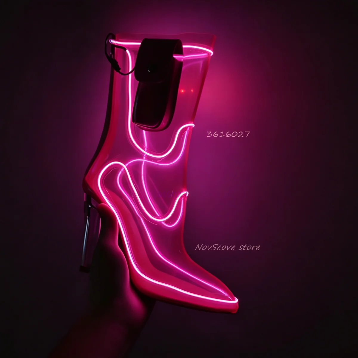 Light Strips Mid-Calf Booties Pointy Toe Shiny Party Booties Block High Heels Pvc Upper Back Zip Shine Light Short Booties