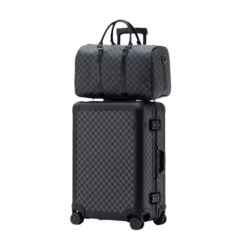 20/26 inch All Aluminum Plaid Vintage Suitcase Set Carry-on Luggage Men Trolley Case Women Boarding Business Trip Suitcase Mute