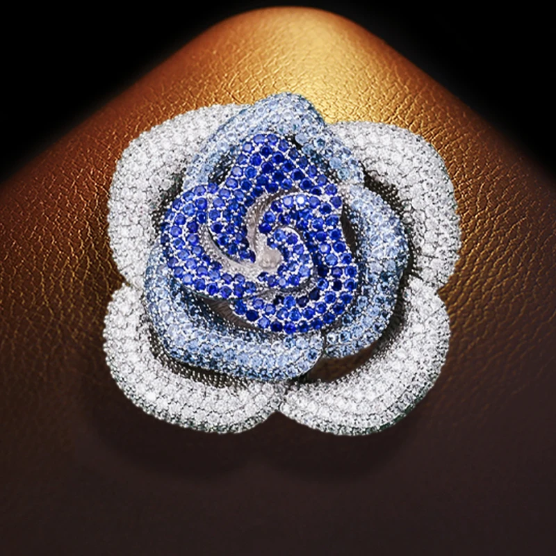 

OKILY Luxury Atmosphere Zircon Rose Brooch Premium Flower Temperament Broche Pin Shining Crystal Plant Corrsage Accessories