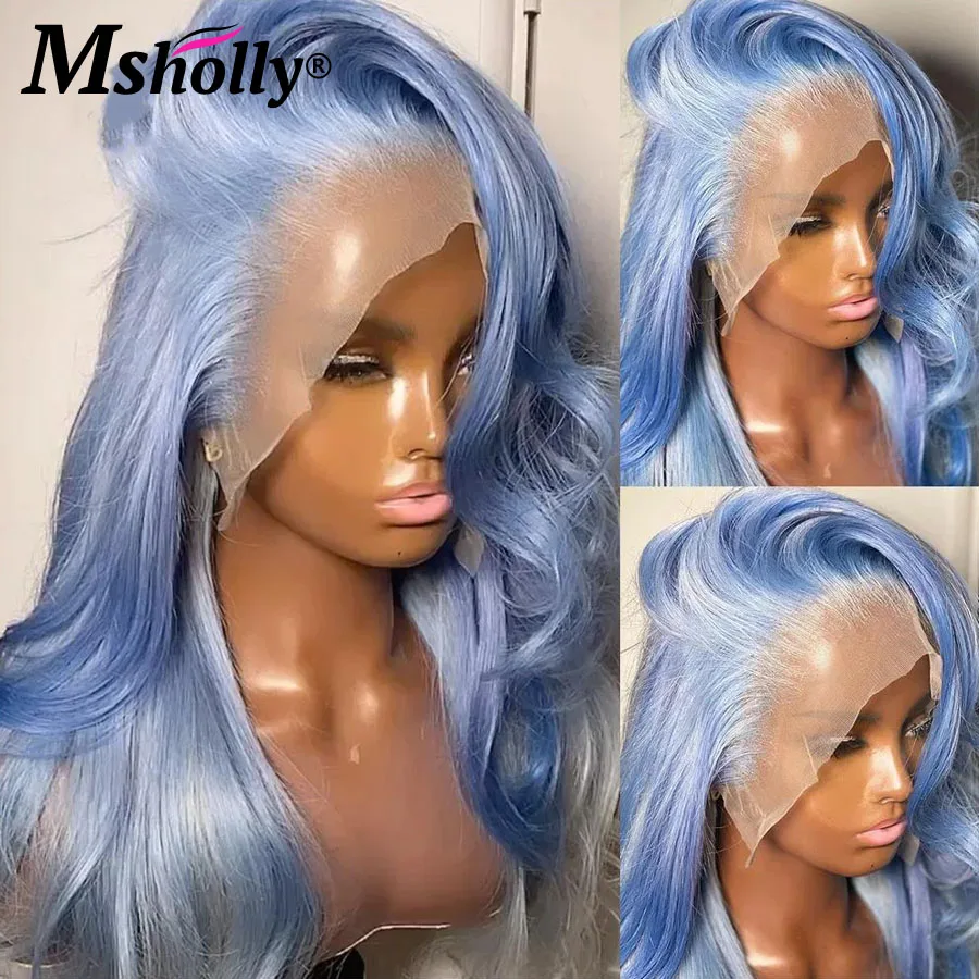 Wig gelombang tubuh biru 100% rambut manusia dengan kepadatan 180 Wig rambut manusia Remy Virgin Brasil untuk wanita Wig Frontal renda 13x4