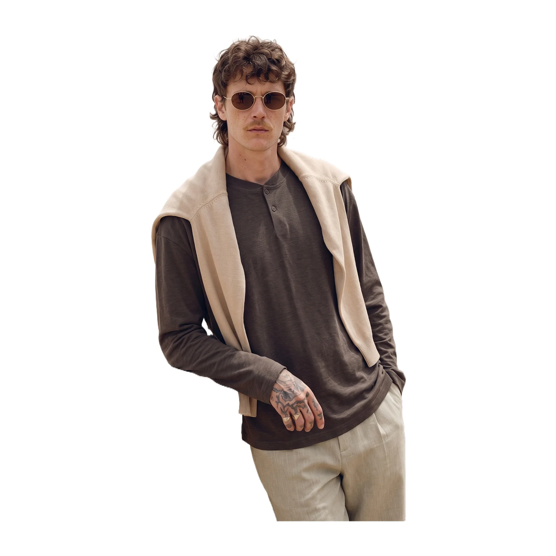 Old Money Style Wool Air‑Padded Long‑Sleeve Outfit 2026 Autumn Premiere Retro Solid‑Tone Henley Neck Shirt Unisex Everyday