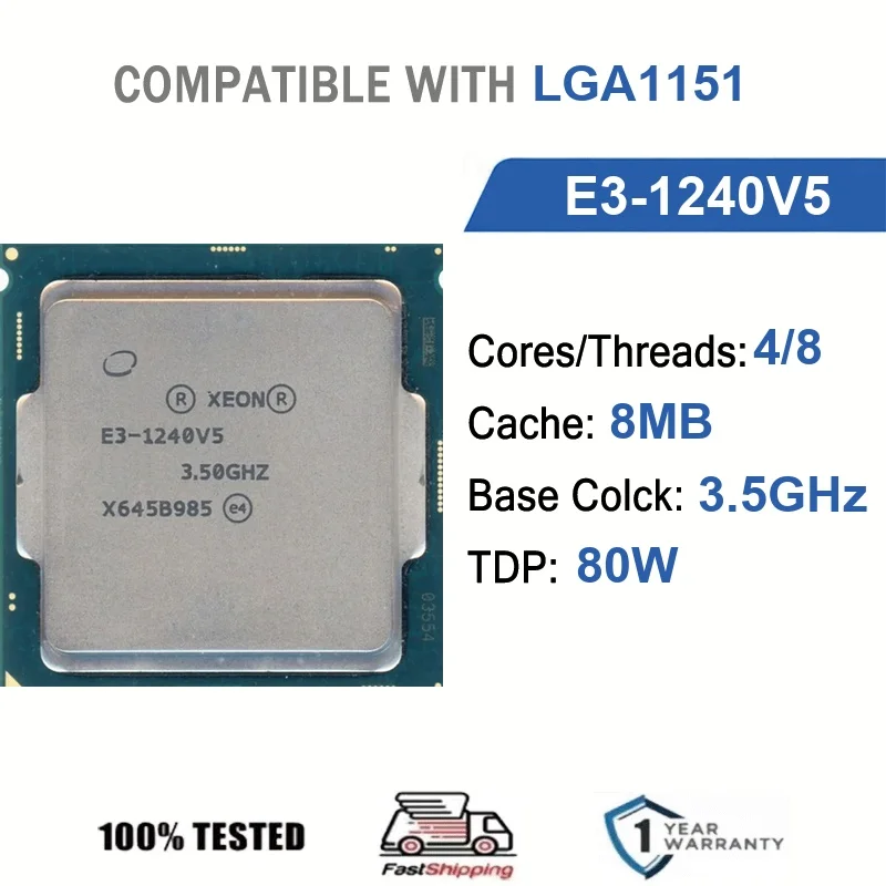 Intel Xeon E3-1240V5 4 Core 8 Thread 3.50GHz 80W 8MB Cache 14nm LGA1151 SR2LD DDR4 2133 MHz Skylake