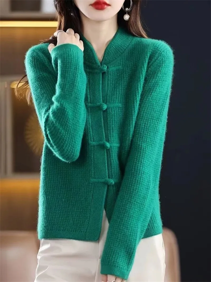 Knitted Sweater Cardigan Women\'s 2023 New Autumn/winter Stand Collar Retro Buckle Loose Fitting National Style Sweater Jacket To