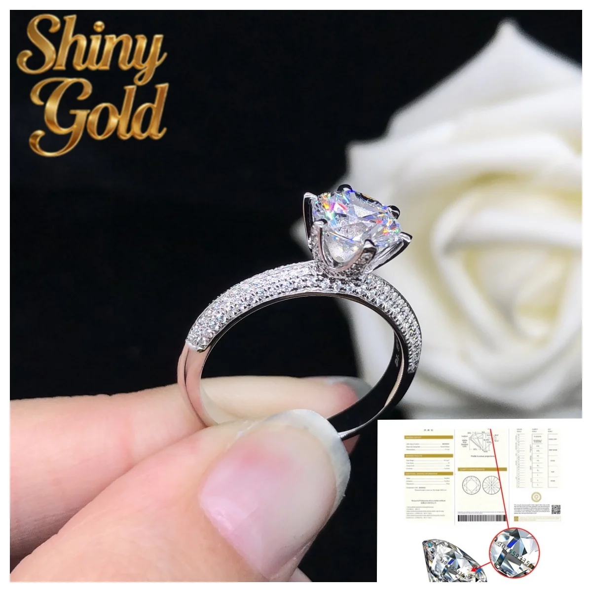 

ShinyGold Test Positive 1.5. Обручальное кольцо с муассанитом 3.0Ct 7.5,9.0мм, цвет D, чистота VVS1, из белого золота AU585 14K, с бриллиантом J, на годовщину