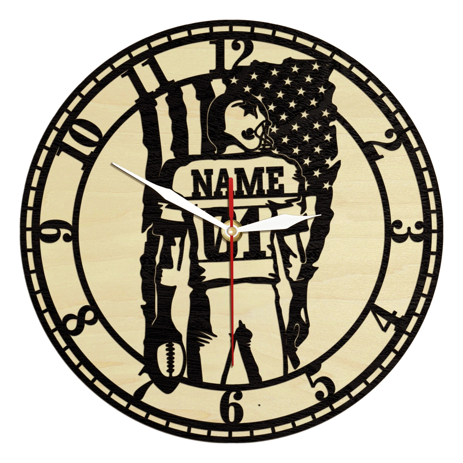 Personalized American Football Player Name Number Wooden Frame Wall Clock America Patriotic Flag Home Decor Football Wood Clock