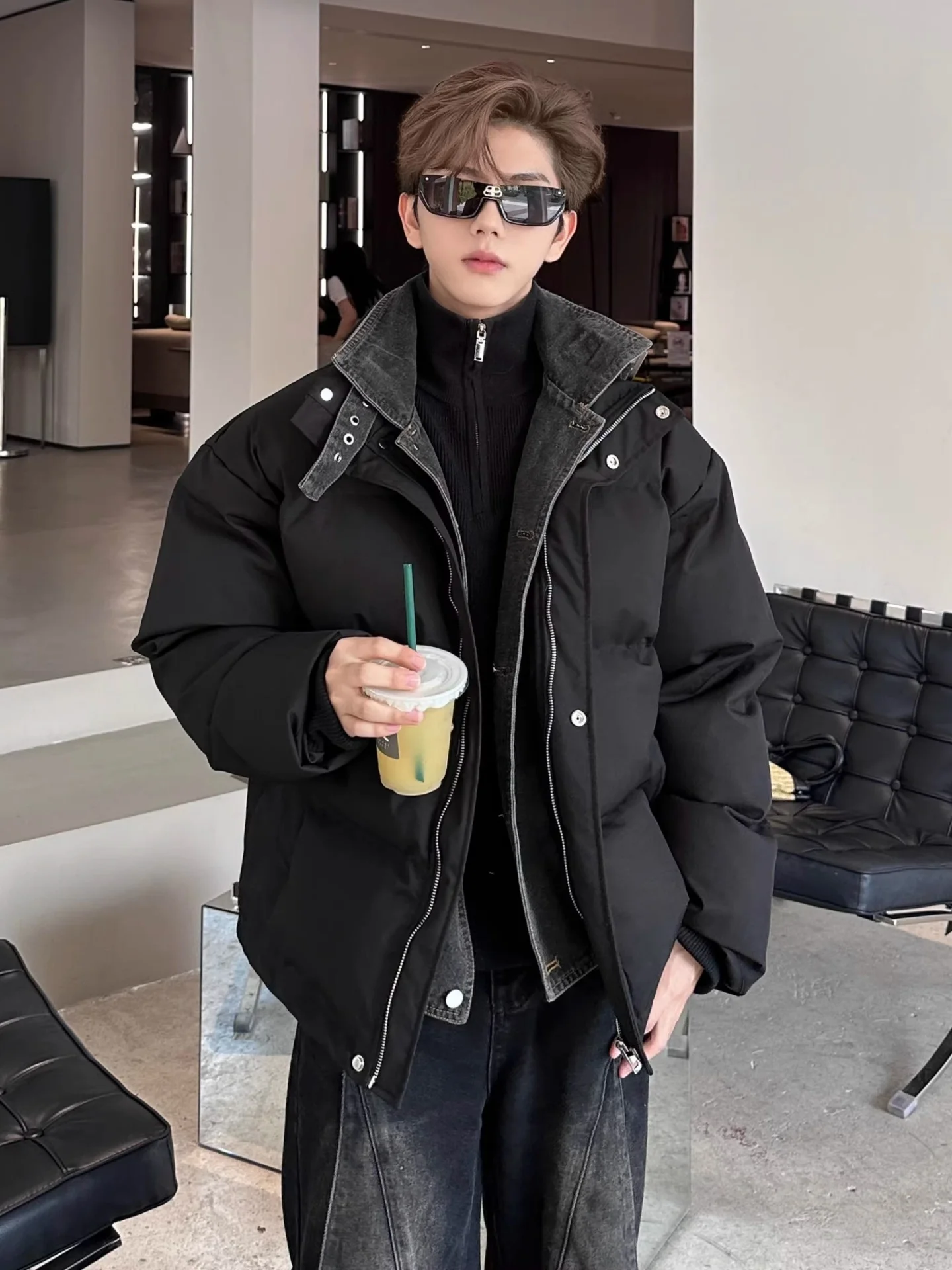 

Denim Patchwork down Cotton Jaet Men's Winter Loose Bread Sle Trendy Outerwear Fake Two-Piece Casual Warmth Zipper