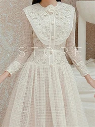 2023 Woman Luxury Long Sleeve Runway Autumn High Waist Dresses Women Vintage Dress Elegant Lace Spring Party Embroidery Boho