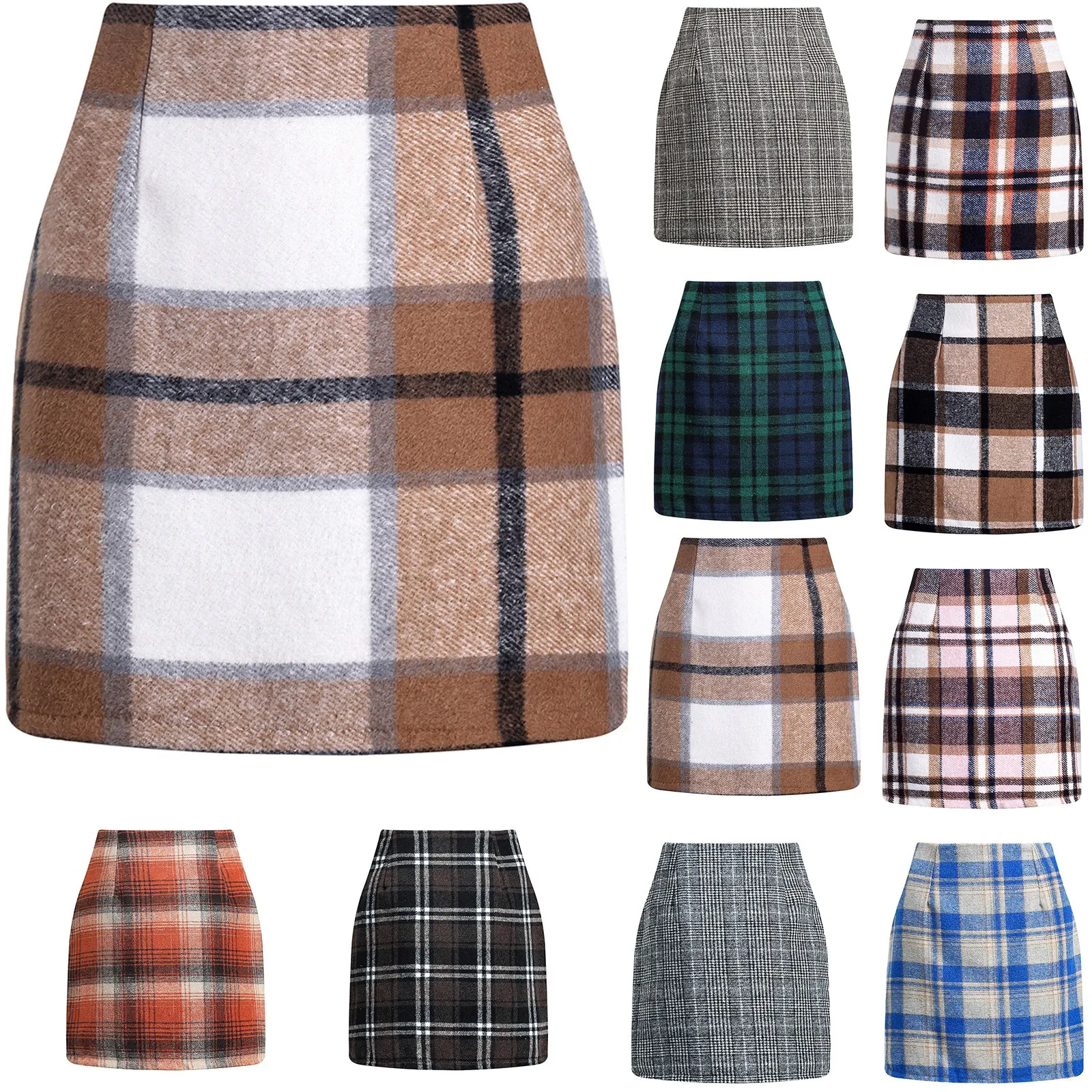 Women Wool Plaid Skirt Autumn Winter Elegant Pencil Mini Skirts Streetwear High Waist Lady Daliy  Bodycon Short Skirt