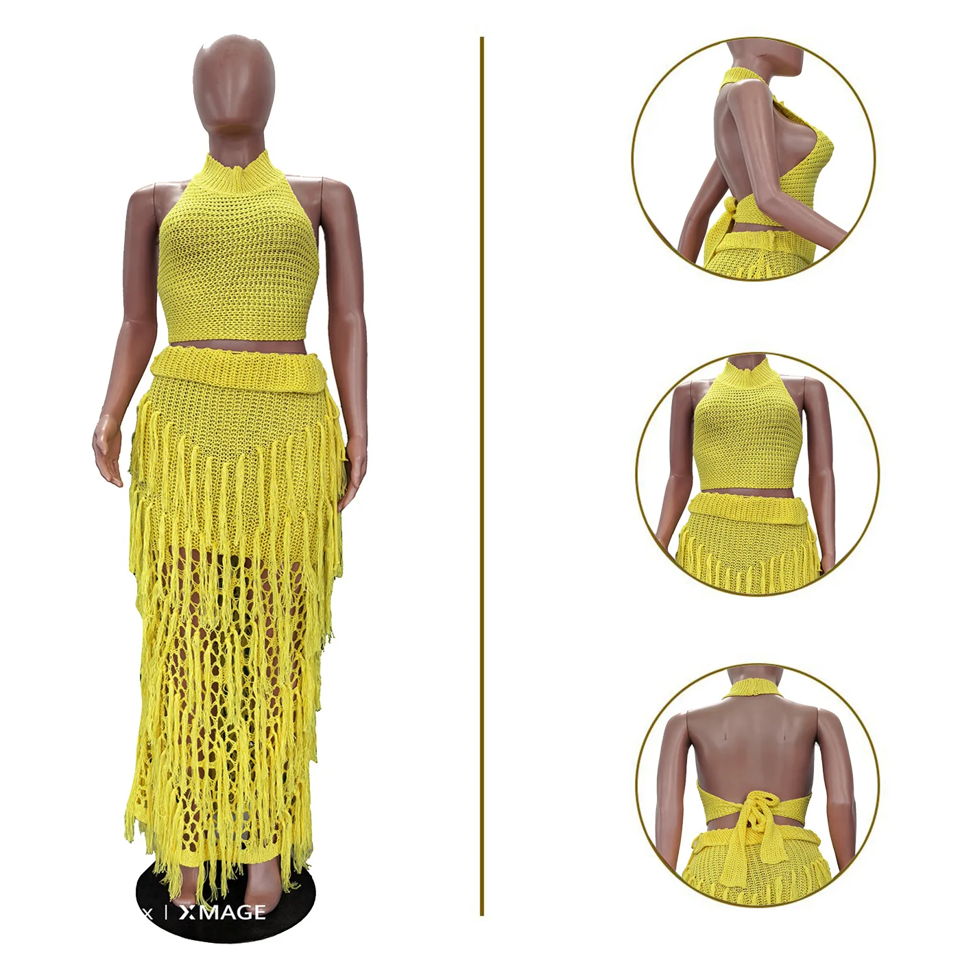 Crochet Knit Maxi Dress 2 Piece Skirt Sets 2026 Women Sexy Knitted Tassel Fringe Dress Elegant Two Piece Sets Outfit Knitwear view 4