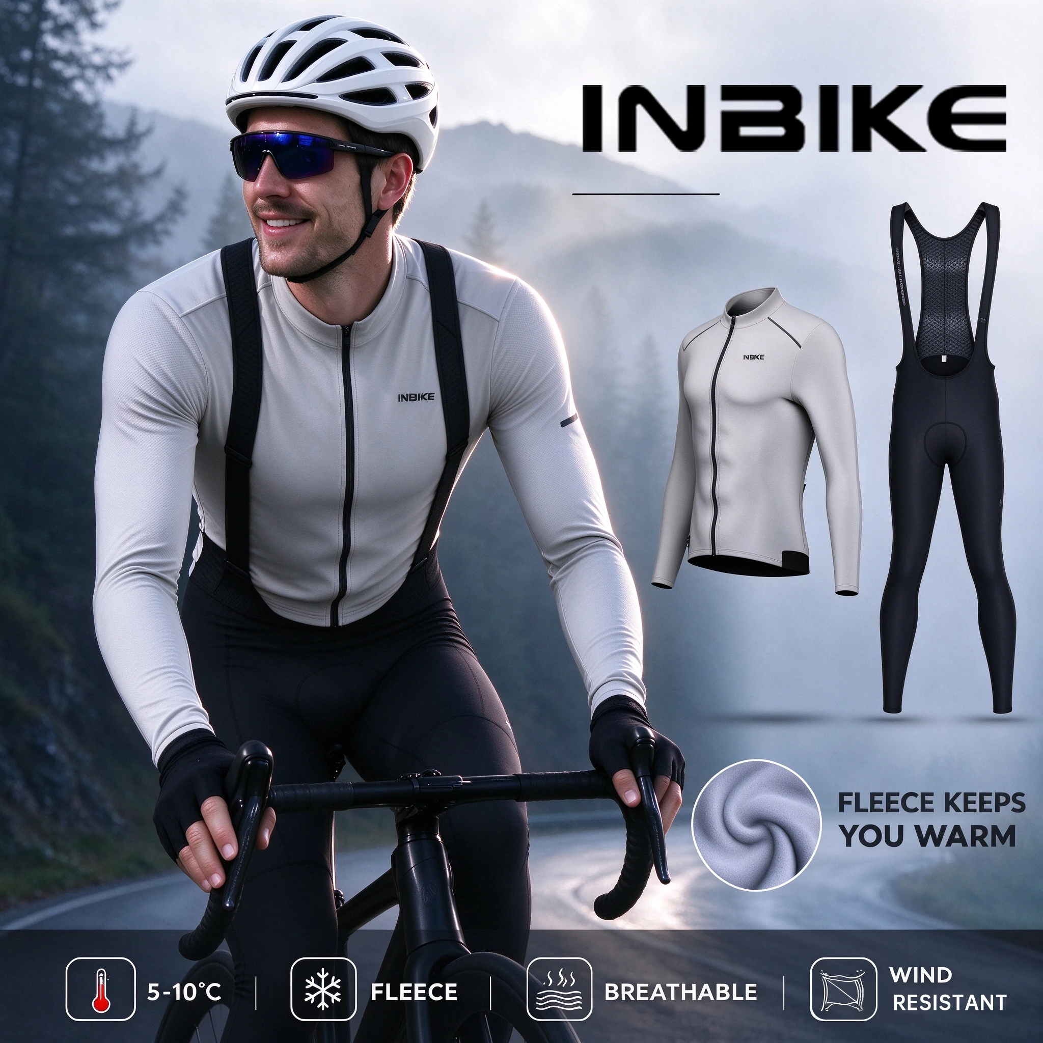 INBIKE Cycling Sets Winter Fleece Warm Long Sleeve Jersey with Pockets Long Bicycle Bib Pants for Road Bikes Biking MTB Clothing