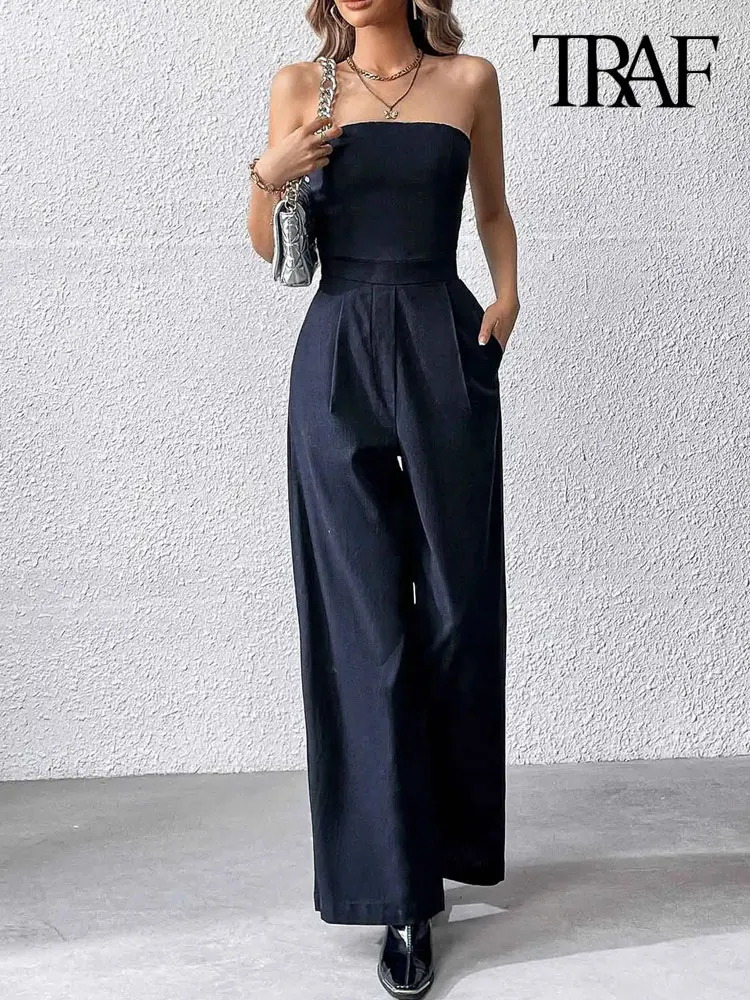 TRAF-Strapless Wide Leg Jumpsuits for Women, Side Pockets, Back Zipper, Female Playsuits, Fashion