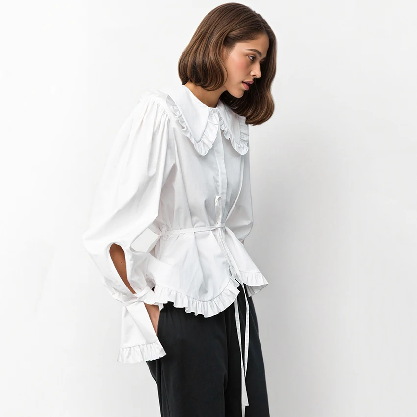 Linad بلوزة كلاسيكية بياقة مكشكشة بيضاء للنساء قمصان أنيقة بأكمام مضيئة للخريف قطع علوية غير رسمية بأكمام طويلة 2025 بوهو