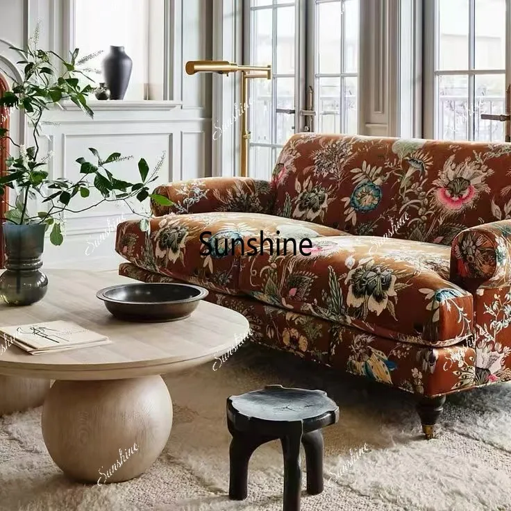 French retro brown flannel straight row three-person sofa living room small apartment