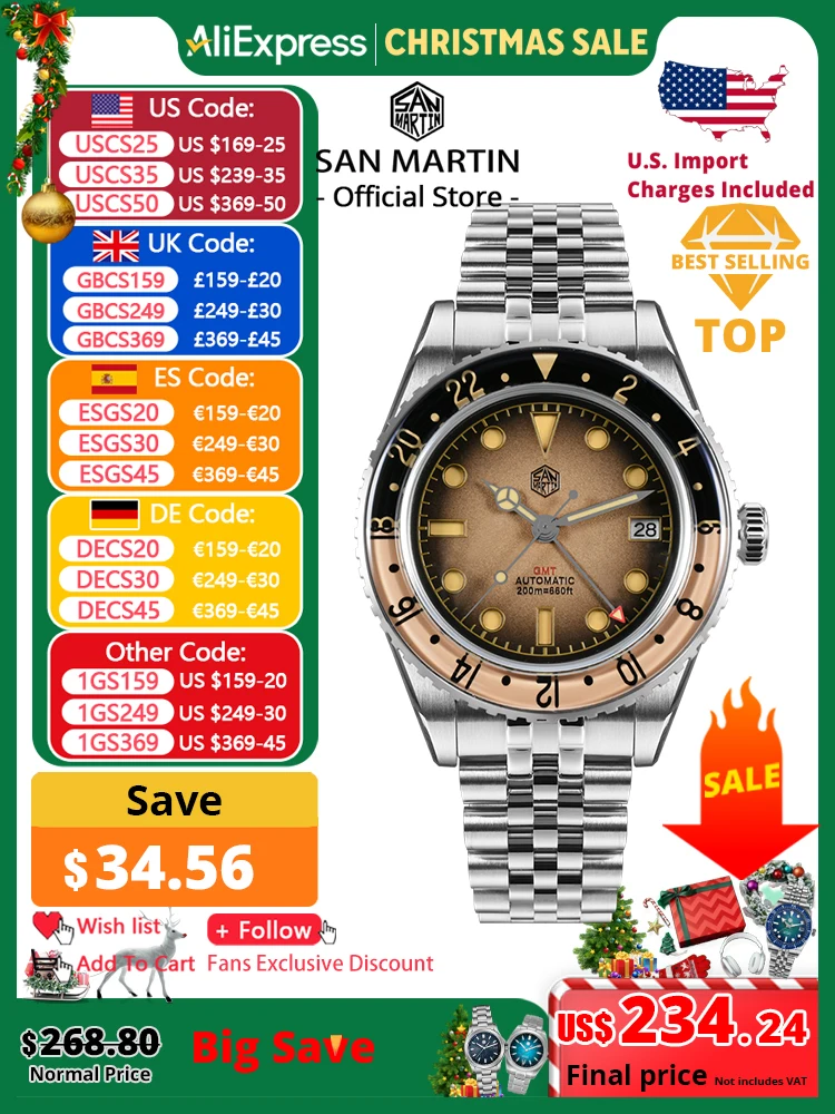 

San Martin 2025 Men's Watches Retro NH34 GMT Sandwich Dial 40mm Bidirectional Sapphire Bezel Luxury Sports Watch 20Bar SN0134