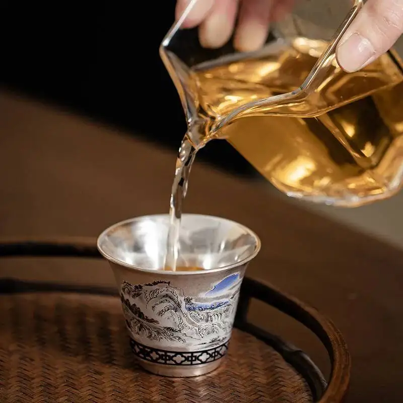 عرض الجبال والماء كوب شاي صغير من السيراميك المطلي بالفضة كوب شاي منزلي كوب رئيسي كوب واحد كوب شخصي على الطراز الوطني #2