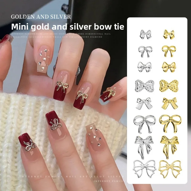 Alloy Bow Nail Charms Gold Silver Luxury Hollow Bowknot Ribbon Mixed Sizes Metal Nail Art Decorations For Manicure DIY Salon Use