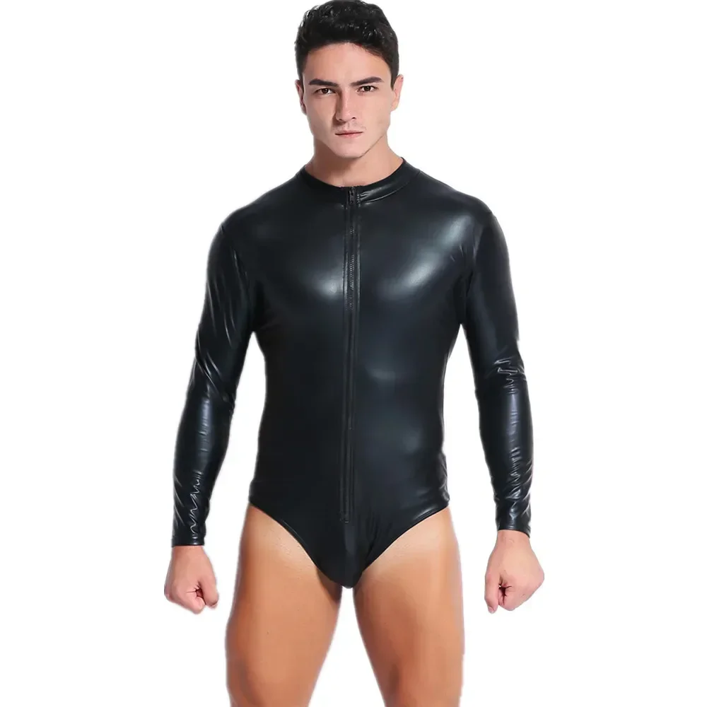

Мужское мягкое матовое боди из искусственной кожи на молнии с длинным рукавом, тонкий купальник с круглым вырезом, мужское цельное нижнее белье, комбинезон Sexi