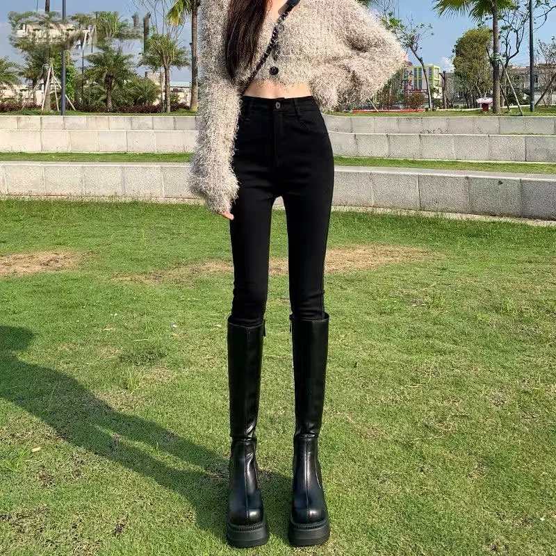 

High Waist Black Slim Fit Women's Jeans Spring Summer 2025 Pencil Pants Small Size 150cm Wear Resistant Cotton Stretch Denim