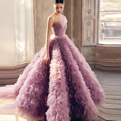 New Pink Tulle Women Dresses Ruffled Dubai Arabic Ball Gown Princess Long One Shoulder Tierred Pleat Prom Gowns