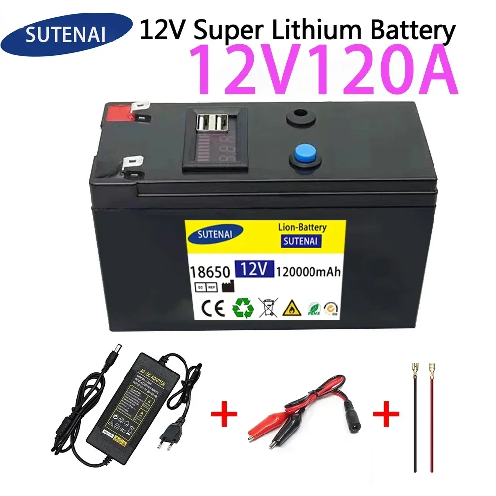 

12V Battery 120Ah 18650 lithium battery pack Rechargeable battery for solar energy electric vehicle battery+12.6v3A charger