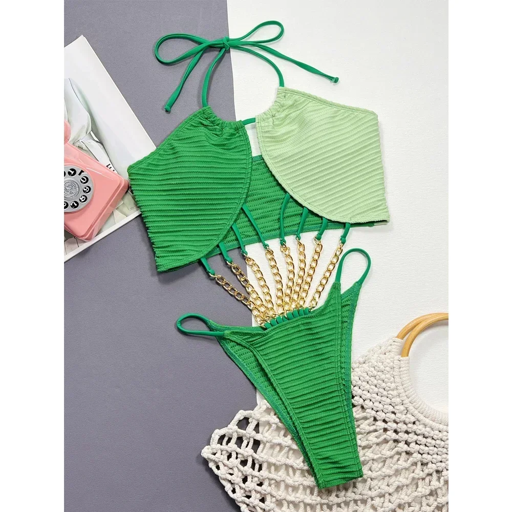

Green Bikini Women 2025 Sexy Chain One Piece Swimwear High Waist Hollow Out Halter Monokini Suspender Bathing Suit Summer