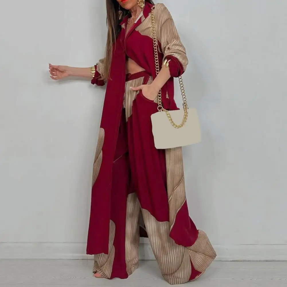 

Women V-neck Patchwork Printed Top And Pants Suit Contrasting Color Commuting Set Top Loose Fit Outfit For Various Occasions