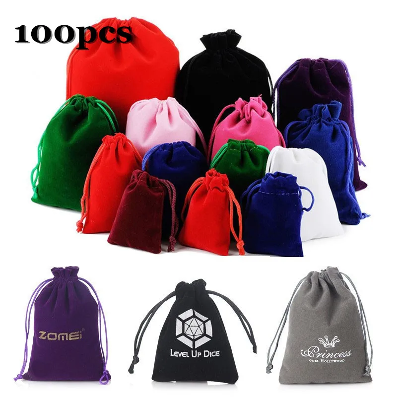 

100pcs/Lot Drawstring Velvet Bags Jewellery Pouches 5x7 7x9 8x10 10x12cm Wedding Party Gift Packaging Bag Custom Logo Print