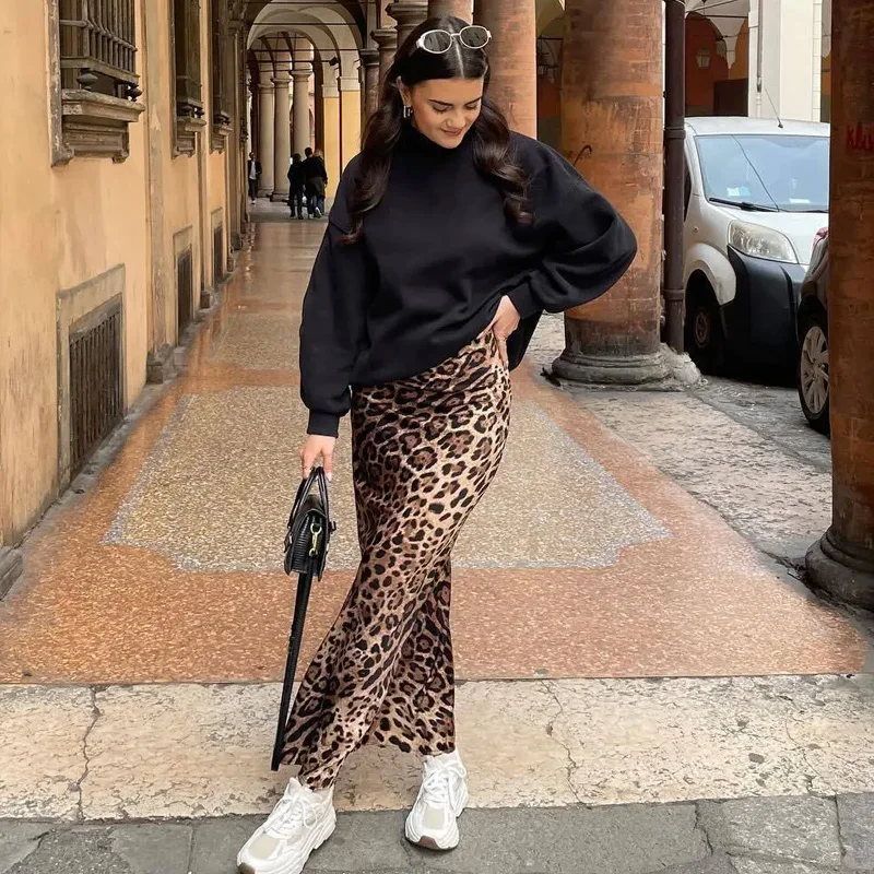 Traf leopardo impressão feminina midi saia de cintura alta elegante saias longas para mulheres outono vintage saia de cetim mulher saias elegantes