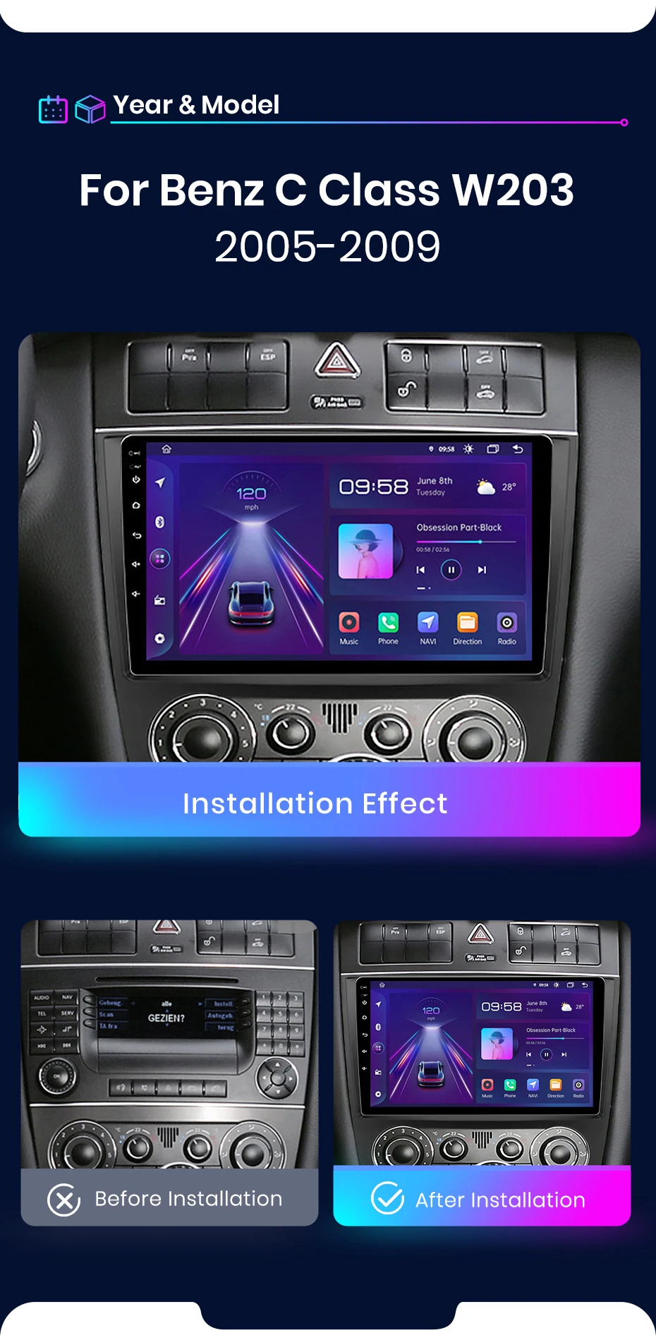 Junsun carplay android auto autoradio für benz c klasse w203 2005 2006-2009 gps intelligente systeme tereo multimedia autoradio – Detail 3
