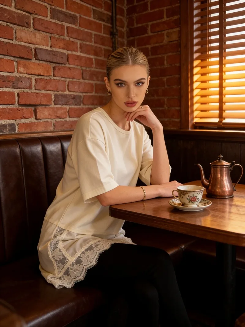 T-shirts longs en dentelle irrégulière pour femmes, pull élégant, vêtements d'intérieur, col rond, manches courtes, Chic de rue, pour dames