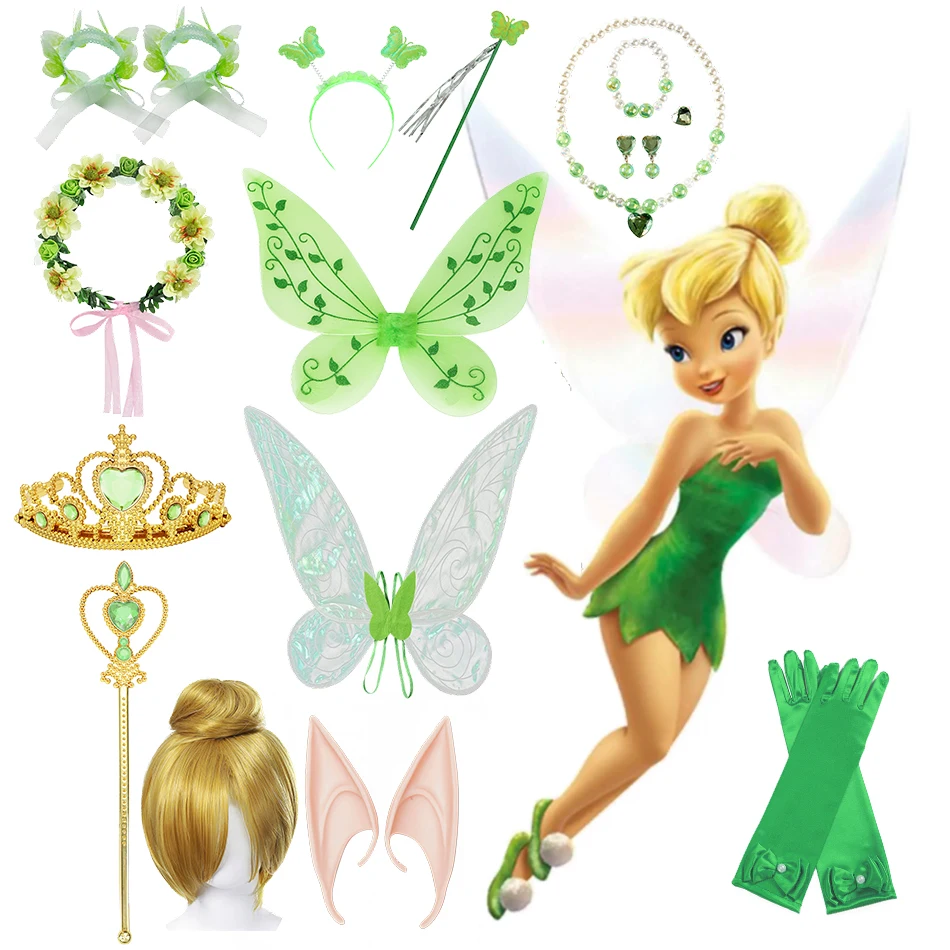 Disney guantes de varita de corona de alas de Hada Verde Tinkerbell para niñas, diadema de flores, accesorios de disfraz de princesa, vestido de