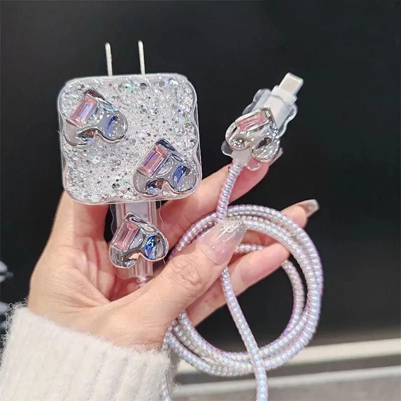 Glitter Rhinestones Love Heart Silicone Charger Case For IPhone 11 13 14 15 18W-20W Fast Charge Protection Cover Charger Sleeve