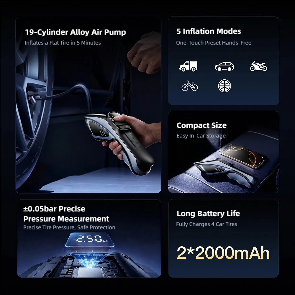 TINSOL 150PSI Wireless Motorcycle Air Pump Air Compressor 4000mAh Digital Display Handheld Portable Car Electric Tire Inflator