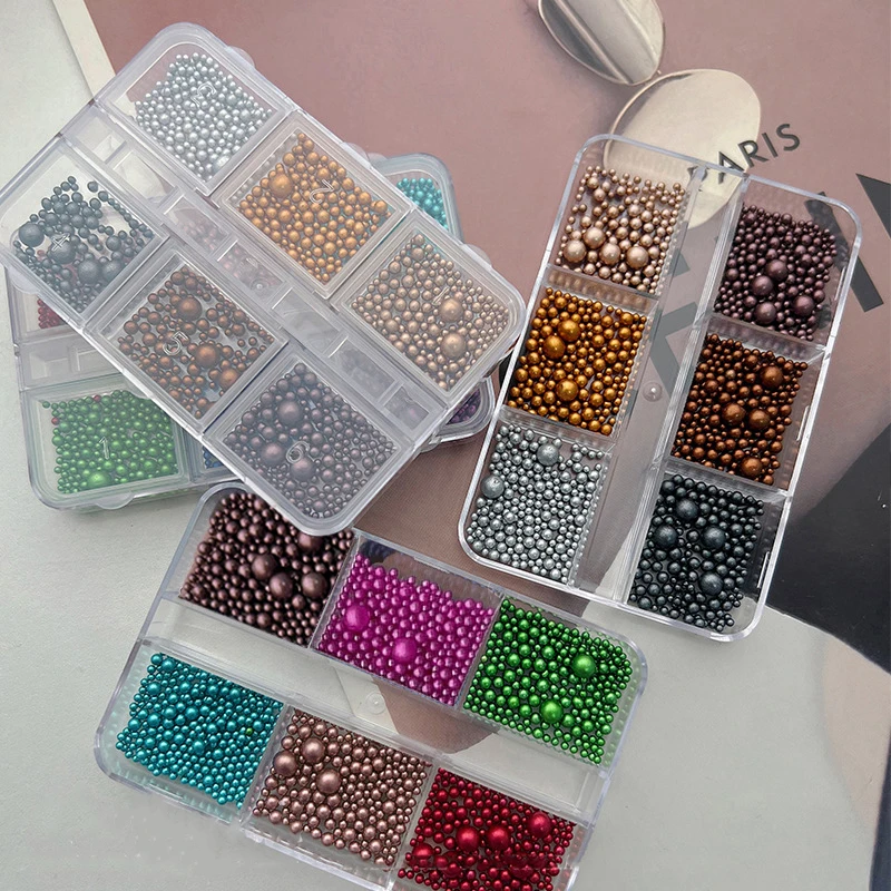 6 rejillas 3D de perlas de resina mezcladas, dijes para uñas, diamantes de imitación navideños coloridos, cuentas redondas rojas y verdes, joyería, decoración de manicura