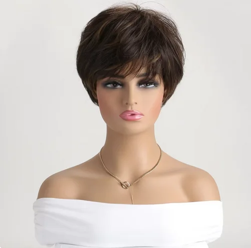 Short Natural Synthetic Wigs with Bangs 10 inches Soft Hair Daily Use Brown Ombre Curly Hair Costume Party Wig for Women