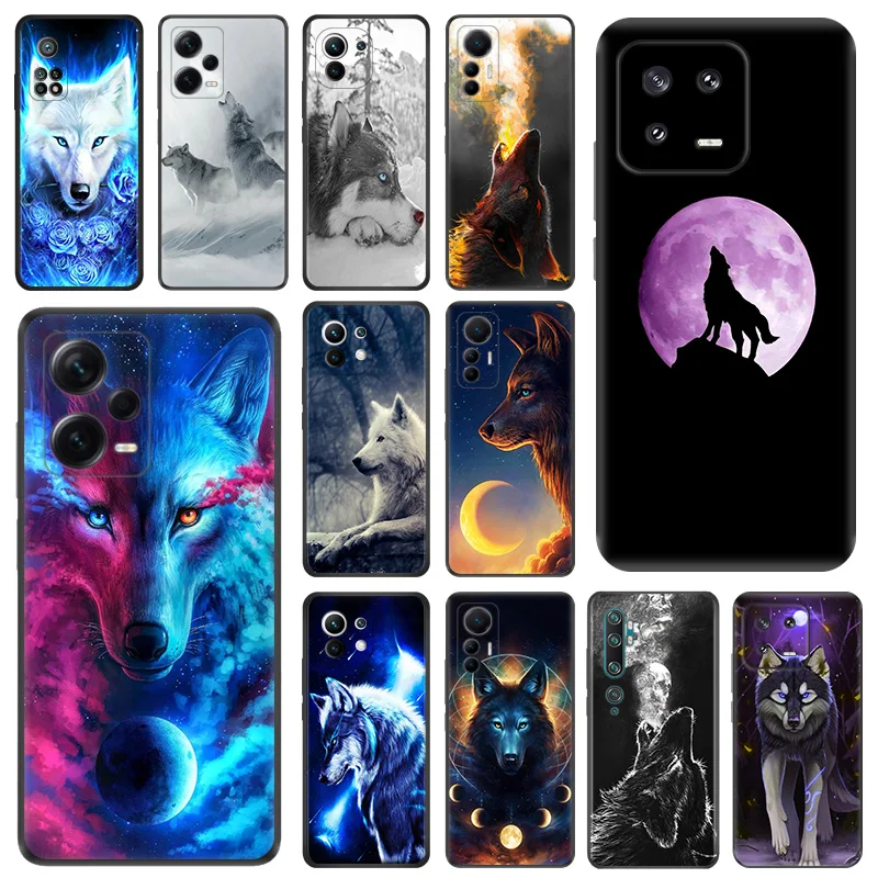 Матовый чехол для телефона Xiaomi 13 Lite 12c 12t 12x12s Redmi Note 12 Pro A1 A2 Plus CC9 Moon Wolf Howl Art, черный мягкий чехол
