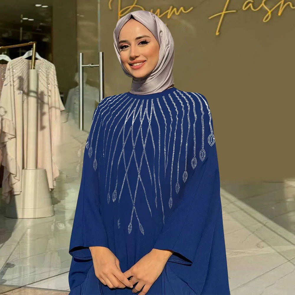 

Dubai Muslim Diamonds Long Robe Cloak Abaya Ruffled Dress for Women Batwing Sleeve Caftan Marocain Femme Turkey African Dresses