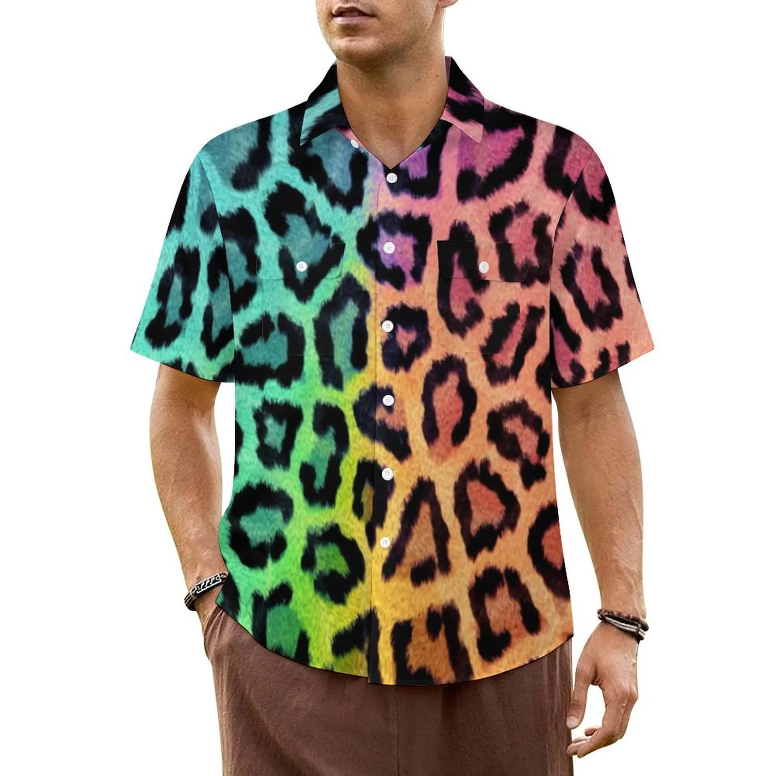 

Rainbow Leopard Print Beach Shirt Animal Skin Art Hawaii Casual Shirts Male Retro Blouses Short-Sleeved Stylish Design Top