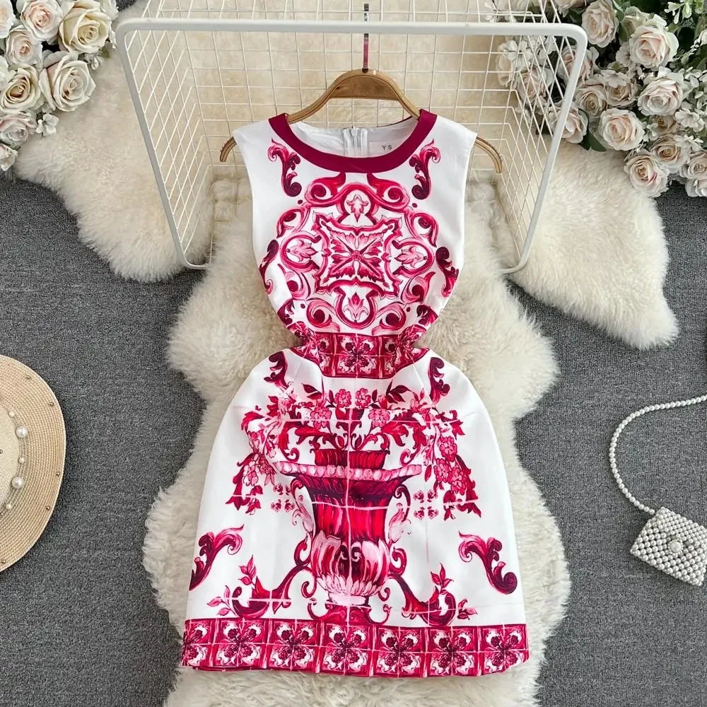 High Quality Summer Women Fashion Designer Mini Dress Sleeveless Blue And White Porcelain Printing Tank A-Line Party Vestidos