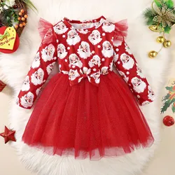 Christmas Infant Girls Dress Autumn Winter Long Sleeve Costumes Santa Prints Tulle Dresses Bow Tie Fluffy Princess Dress 1-6Ys